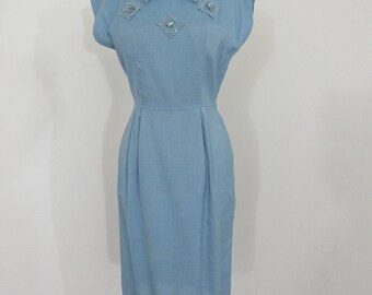 1950s Blue Linen Wiggle Dress with Appliqués and Rhinestones