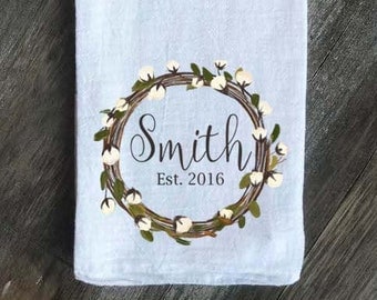 Farmhouse Personalized Flour Sack Tea Towel, Cotton wreath Kitchen Towel, Personalized Towel, Anniversary Gift, Wedding Gift, Housewarming