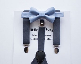 Dusty Blue Bow Tie Charcoal Suspenders, Boys - Men Bow Tie Suspenders, Baby Boy Bow Tie, Wedding Bow Tie, Ring Bearer Outfit, Boys Clothes