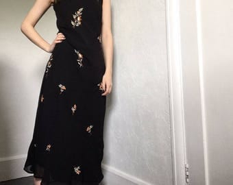 Vintage Embroidered Floral Black Maxi Dress