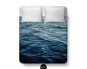 Dark Waters - Duvet Cover, Deep Ocean Blue Coastal Waters Bedding, Nautical Loft Cottage Home Beach Surf Decor Cobalt Blue Bedroom Interiors