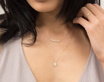Pearl Necklace in Dainty Layered Necklace Set of 2 w/ Gold Initial Disk Necklace • Simple Bridesmaid Necklaces • Pearls & Disc • LS921