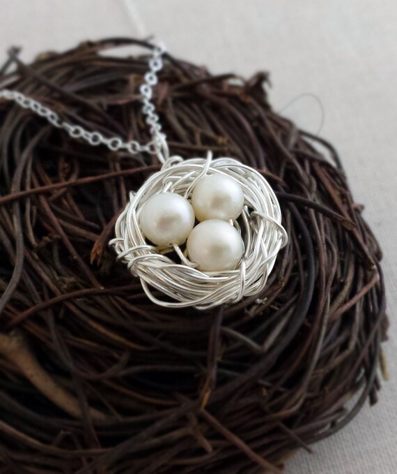 Birds Nest Necklace Mothers Necklace Pearl Egg Nest