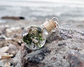 Bohemian necklace for girlfriend boho jewelry glass pendant silver necklace moss necklace for sister mermaid necklace sterling silver chain
