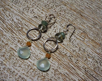 Green CHALCEDONY, HOOP long chandelier earrings, green amethyst, green & red aventurine/STERLING Silver hoops/faceted briolettes/Boho/Pastel