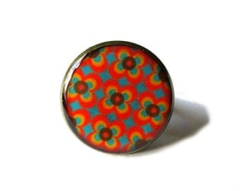 ORANGE RING - Geometric ring - FLOWERS Ring - abstract pattern - 60's pattern - Colorful ring - adjustable ring - vintage style - cabochon