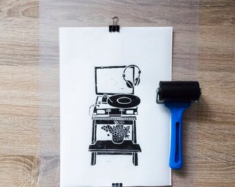Black Vinyl Player blockprint, linocut, original art print, wall decor, modern, living room decor, 12x8.5 inch
