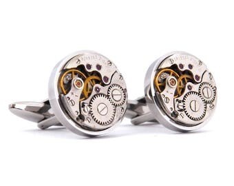 Steampunk Cufflinks, Vintage Watch Movement Stainless Steel Cuff Links. Wedding Gift. Anniversary Present. Unique cufflinks.