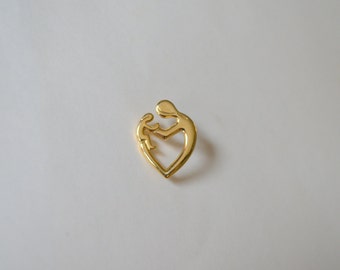 Vintage Mother's Day pin gold heart child baby love brooch lapel jewelry gift
