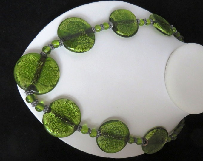 Vintage Crackle Glass Necklace, Green Glass Disks and Beads MOD Necklace