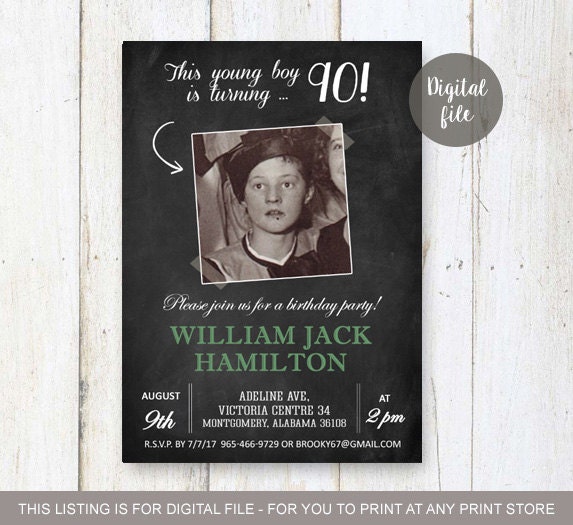 90th Birthday Invitation for men Chalkboard Photo collage