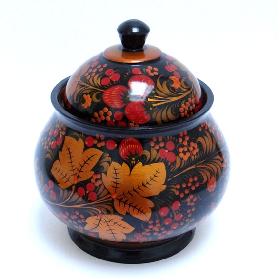 Large Wooden Canister with Lid Russian Khokhloma Lidded