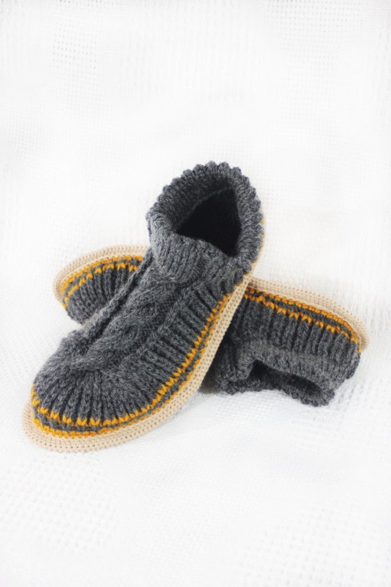 Knitted Men's Slippers with Leather Sole . House shoes.