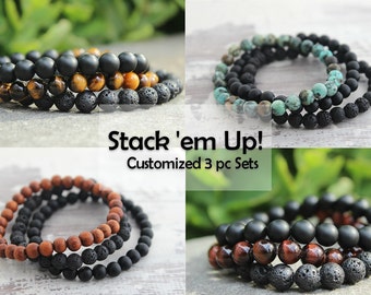 Mens Bracelet Set Customized Bracelets Lava Onyx Bracelet Mens Gift Boyfriend Gift Dad Gift Mens Beaded Bracelet