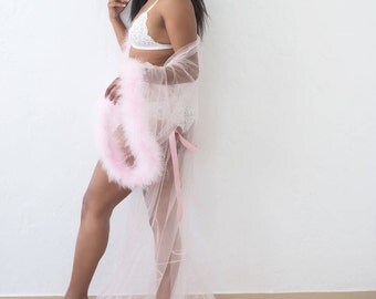 Giselle Baby Pink Sheer Robe with fur trim, satin ribbon ties. High quality lingerie