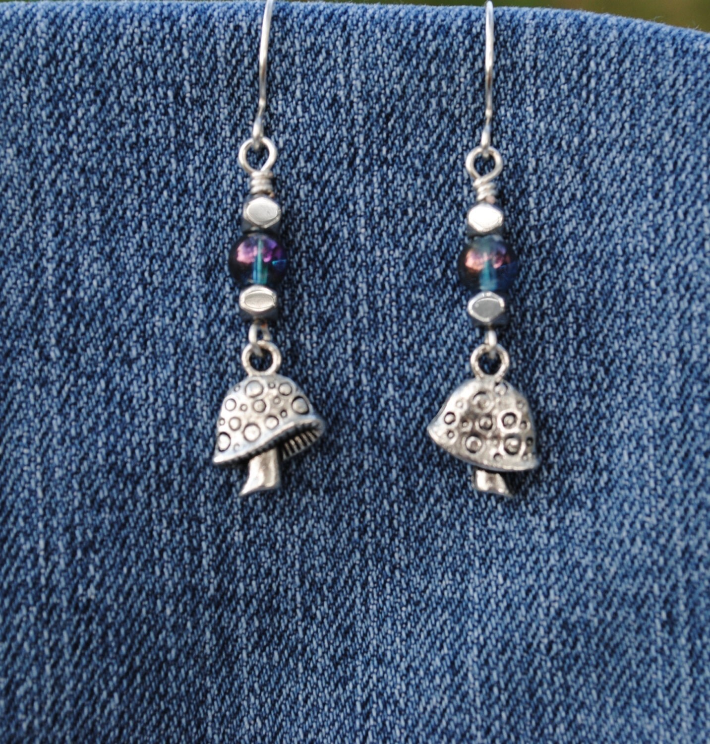 Mushroom charm earrings iridescent bead earrings nature