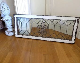 40" LONG 1800's Wavy & Lead Glass Window Fleur-de-lis ~ Vintage Shabby Chic White Side/Wood Side ~ French Cottage Architectural Salvage