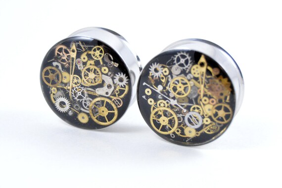 1 1/8" 1 PAIR Double Flare 28mm Steampunk Tunnels Gauges Plugs filled with watch parts LIMITED EDITION by JewelryFX steampunk buy now online 1 1/8" 1 PAIR Double Flare 28mm Steampunk Tunnels Gauges Plugs filled with watch parts LIMITED EDITION by JewelryFX steampunk buy now online