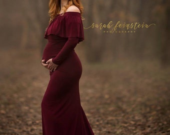 Anka Maternity Dress,Off Shoulders Ruffles, Long Sleeves Maternity, Baby Shower, Bridesmaids, Photo Prop Dress / Grown , burgundy, wine