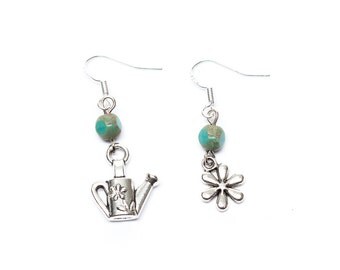 Gardening Earrings | Asymmetrical Earrings | Garden Earrings | Flower Earrings | Watering Can Earrings