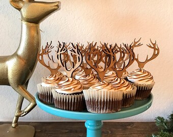 Cupcake Topper, Antler Cupcakes, Deer Cupcake Topper, Antler Cupcake Topper, Rustic Cupcakes, Hunter Party, Deer Head Cupcake Toppers
