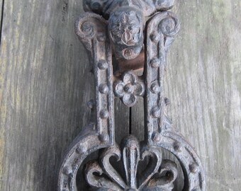 HUGE antique French door knocker wrought iron, beautiful knocker, France. very heavy iron!