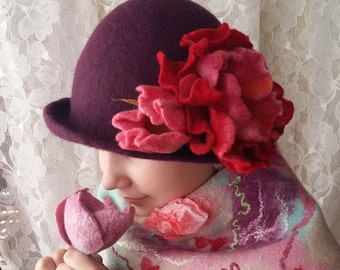 Felt wool hat .Women felt hat. Wet felting.Natural wool.Felt flower.Purple felt hat.Pink flower.