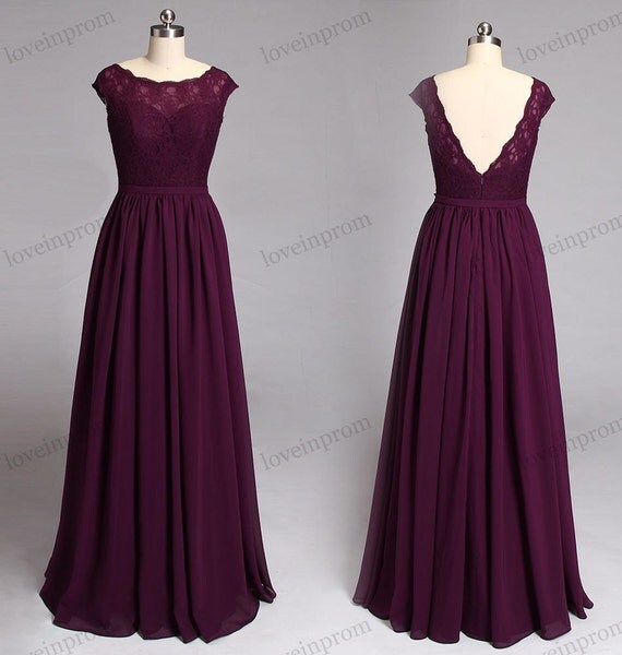  Wine  Lace Bridesmaid  Dress  Cap Sleeves Long Chiffon