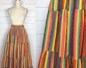 Vintage 1970s Handwoven Rainbow Stripe Guatemalan Skirt / Tiered / Tassels / Full Skirt