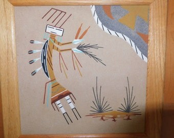 Navajo Sand Painting, Vintage Framed Native American sand art signed wall decor hanging