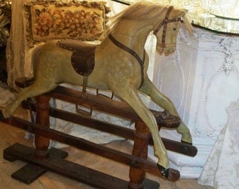 Antique 1800's Ayers Dapple Grey Wooden Hobby Horse, Originally from England, Victorian Era