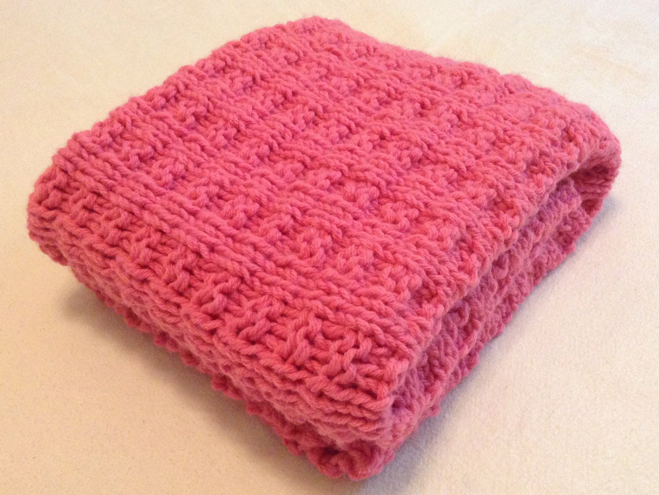 hand knit bubble gum pink baby blanket/machine washable hand