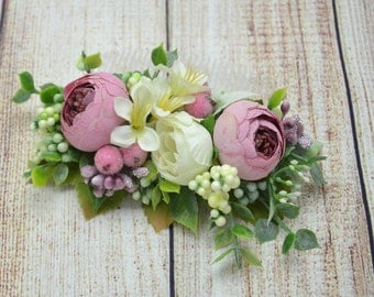 Flower hair comb Gift for girlfriend Bridal hair accessories Wedding hair comb Pink Green Wedding hair accessories Bridal hair comb Gift