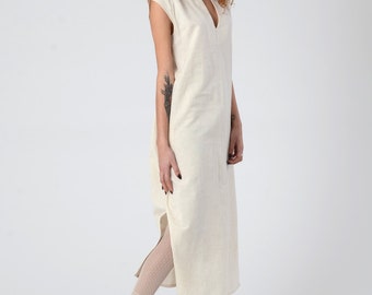 Women's Linen Dress, Hippie Chic Midi Maxi Caftan Dress, Off-White wedding Kaftan Dress, Boho / Beach Dress with Pockets, Summer Linen Dress