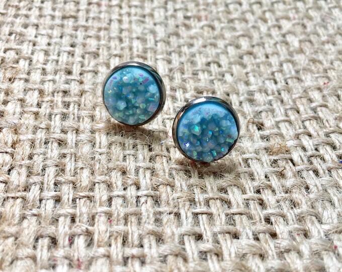 Blue Gemstone Studs, Druzy Earrings, Druzy Stud Earrings, Matte Druzy Studs, Druzy Post Earrings, Gemstone Earrings, Faux Druzy Studs