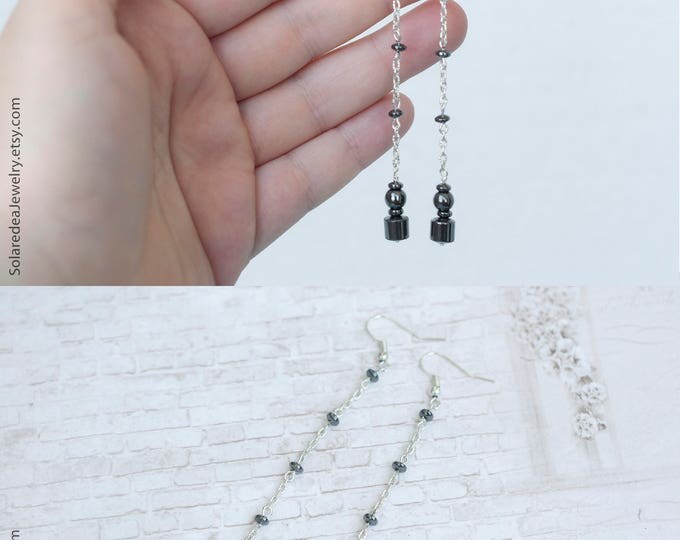 Black hematite jewelry, Chain dangle earrings, Long chain silver earrings, Long dangle chain earrings