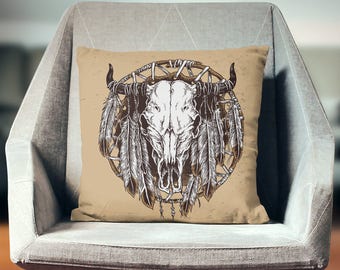 Cow Skull Decor | Cow Skull Pillow | Cow Skull Print | Bull Skull Print | Skull Pillow | Dreamcatcher Decor | Dreamcatcher Pillow
