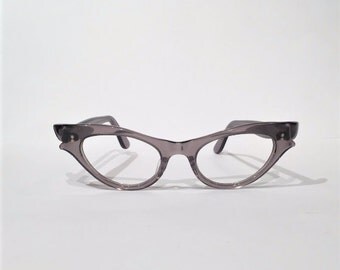 Gray Lucite Cat Eye Glasses Frames, NOS, Grey Pointy Double Winged Curly Cateye Eyeglasses, Vintage Retro Atomic 50s Bombshell Sunglasses