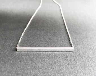 Silver Bar Necklace, Minimal Horizontal Square Rod Geometric Modern Simple Layering Sleek Sliding Straight Tube Pendant, Sterling Silver
