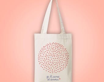 Sac cabas en toile recyclée (recycled woven tote bag) je t'aime d'amour illustration fête des mères (mother's day)