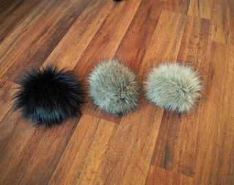 Faux Fur Pom Pom / Large Faux Fur Pom Pom/ Handmade / Craft Supply / Black Faux Fur Pom/ Gray Faux Fur Pom