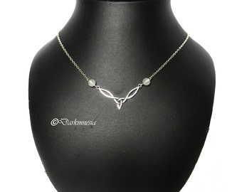 Collier argenté, jade blanc, pendentif, noeuds, entrelacs, perles, celtique, pagan, elfique