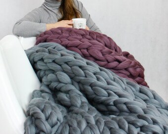 Chunky Knit Blanket, Blanket, Super Chunky Blanket, Giant knit blanket, Thick yarn blanket, Bulky Knit, Merino wool, Extreme knitting