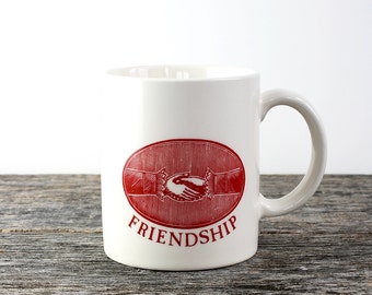 Vintage Friendship Coffee Mug Cup, Ceramic Mug, Best Friend Gift, Folk Art Handshake, Folk Housewares, Red and White Dishes