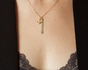 Gold Anchor Necklace, Personalized Nautical Necklace, Dog Tag Navy Charm, Vertical Initials Bar Necklace, Custom Anchor Pendant Charm