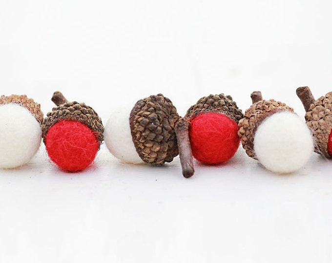 Set of 6 RED AND WHTE Wool Felted Acorns