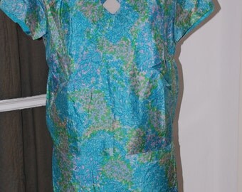50s Watercolor Dress, Silk, Custom Made, Blue, 2 Piece, Skirt, Top, Size M/L