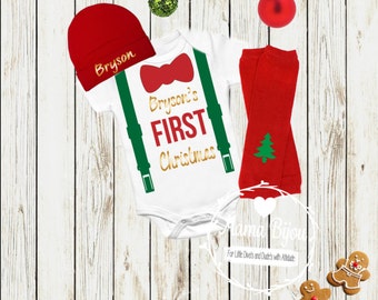 My First Christmas Baby Boy Clothes Outfit My 1st X-Mas Bodysuit Bow Tie Suspenders Baby Boy Christmas Gift Chirstmas Boy