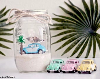 Tropical / VW Bug Beetle / Beach Car in a Jar / Beach Decor / Mason Jar / Beach scene / summer home decor / Centerpiece / Gift for Her DIY