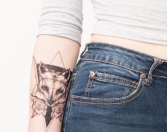 Geometric Fox Temporary Tattoo - Fox Tattoo - Fox - Fox and Rose Temporary Tattoo